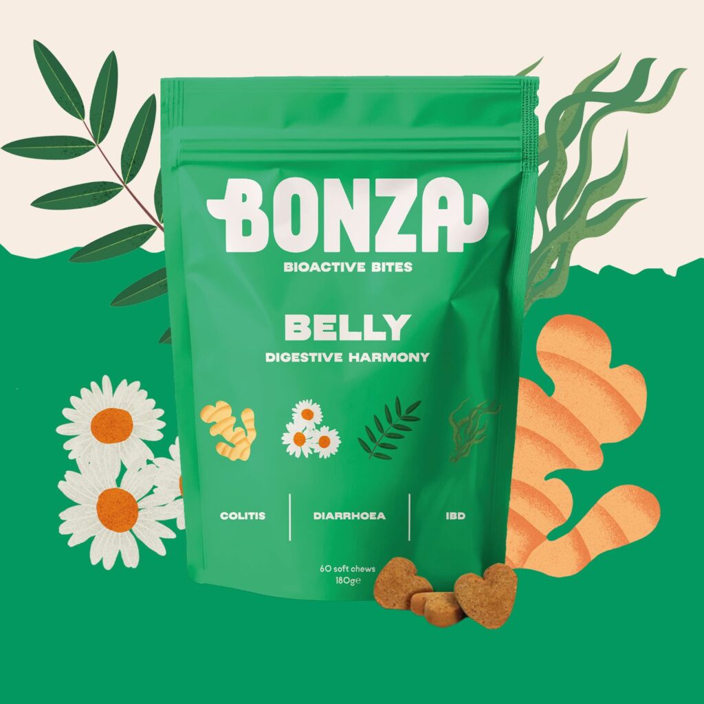 Beste supplement voor darm- en spijsverteringsproblemen bij honden Colitis IBD Gastritis Diarree Losse ontlasting Bonza Belly Bioactive Bites