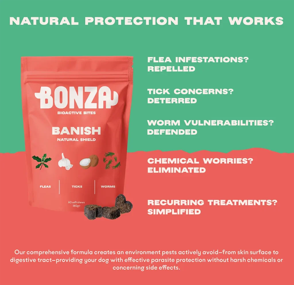 Bonza Banish Bioactive Bites Highly Effective Natural Chemical Free Flea Treatment for Dogs (Traitement anti-puces naturel sans produits chimiques pour chiens)
