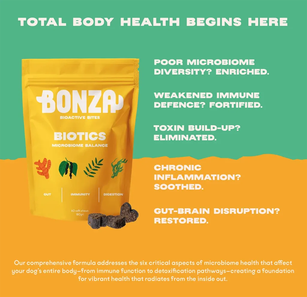 Bonza Biotics Bioactive Bites Präbiotische Probiotische Postbiotische Nahrungsergänzungsmittel für Hunde Immunsystem Mikrobiom Toxineliminierung und Entzündungshemmung