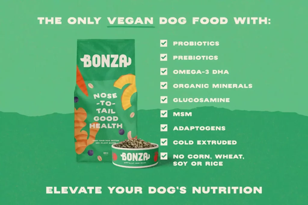 Bonza Premium Vegan Vegetarian Plant-Based Dog UK USP avec emballage et bol de nourriture sèche pour chien