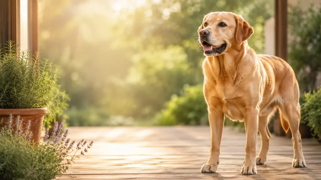 Een gezonde, volwassen labrador die ontspannen op een zonovergoten houten terras staat, naast rozemarijn en lavendel