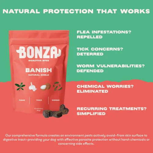 Bonza Banish Bioactive Bites Traitement naturel très efficace contre les puces, les tiques et les vers, sans produits chimiques, pour les chiens Bonza Banish Bioactive Bites Highly Effective Natural Chemical Free Flea Treatment for Dogs (Traitement anti-puces naturel sans produits chimiques pour chiens)