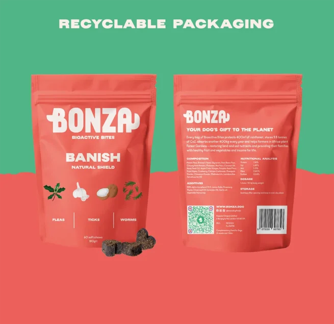 Bonza Banish Bioactive Bites Natural Chemical Free Flea Tick and Worm Treatment for Dogs Recyclable Packaging - Vegan Formula