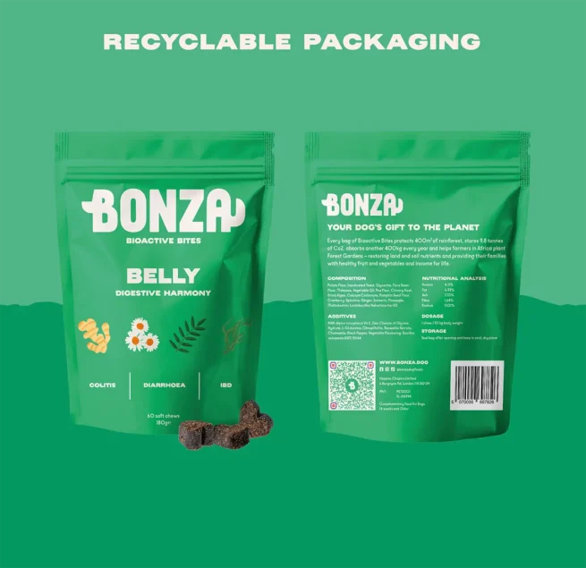 Bonza Belly Bioactive Bites Verdauungsergänzungsmittel für Hunde IBD Colitis IBS Durchfall und Gastritis Natürliche Vegane Formel Recycelbare Verpackung - Vegane Formel