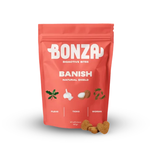 Bonza Bioactive Bites Banish - Supplément naturel de traitement des puces, tiques et vers pour chiens Bonza Bioactive Bites Banish - Répulsif naturel contre les puces, les tiques et les vers et supplément de traitement pour chiens