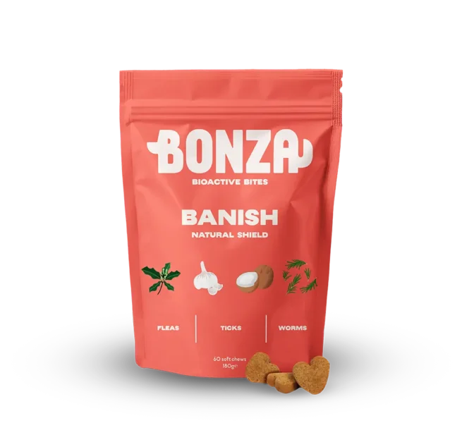 Bonza Bioactive Bites Banish - Suplemento natural repelente y tratante de pulgas, garrapatas y gusanos para perros