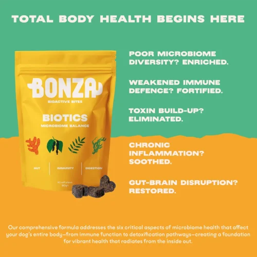Bonza Biotics Bioactive Bites Präbiotische Probiotische Postbiotische Nahrungsergänzungsmittel für Hunde Immunsystem Mikrobiom Toxineliminierung und Entzündungshemmung