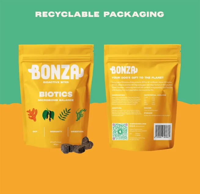 Bonza Biotics Bioactive Bites Prebiotic Probiotic Postbiotics Supplements for Dogs Immune System and Microbiome Recyclable Packaging Vegan Formula