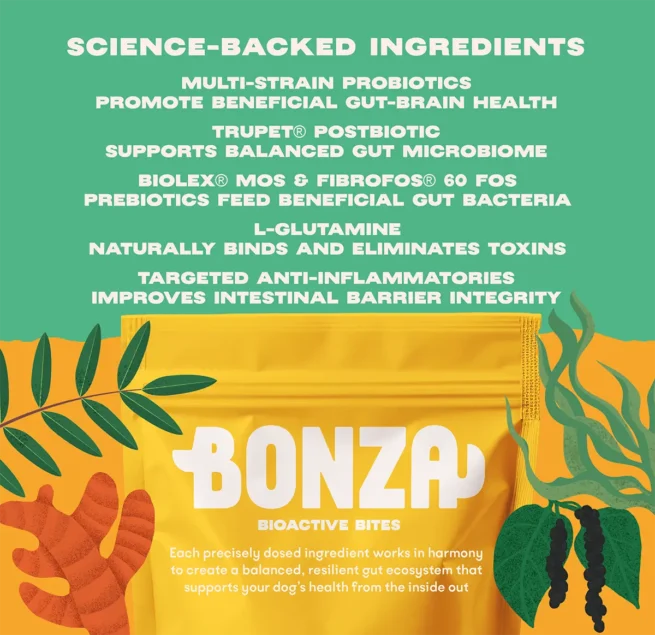 Bonza Biotics Bioactive Bites Prebiotic Probiotic Postbiotics Supplement for Dogs - Science Backed Natural Health Support