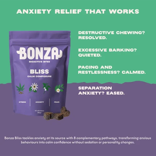 Bonza Bliss Bioactive Bites Beruhigungsmittel für Hunde Stress Angst Reduziert Kauen Bellen Unruhe Bonza Bliss Bioactive Bites Beruhigungsmittel für Hunde Stress Angst Reduziert Kauen Bellen und Unruhe