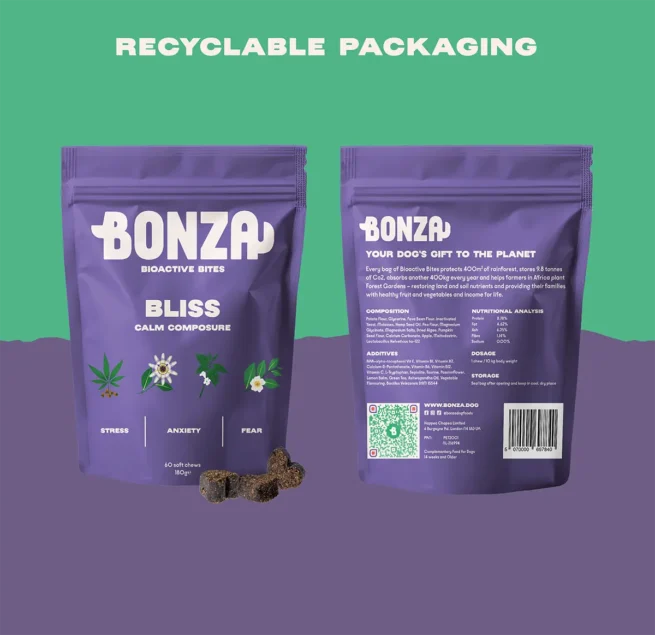Bonza Bliss Bioactive Bites Beruhigungsmittel für Hunde Stress, Angst und Furcht Wiederverwertbare Verpackung Vegane Formel