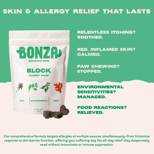 Bonza Block Mordeduras Bioactivas Suplemento Antihistamínico Natural Alivio altamente eficaz de las alergias cutáneas y estacionales para perros Bonza Block Mordeduras Bioactivas Suplemento Antihistamínico Natural Alivio altamente eficaz de las alergias cutáneas y estacionales para perros