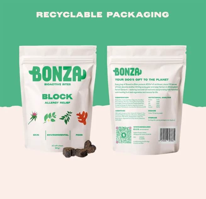 Bonza Block Bioactive Bites Natural Antihistamine Supplement for Dogs Allergies Emballage recyclable Bonza Block Bioactive Bites Natural Antihistamine Supplement for Dogs Allergies Emballage recyclable