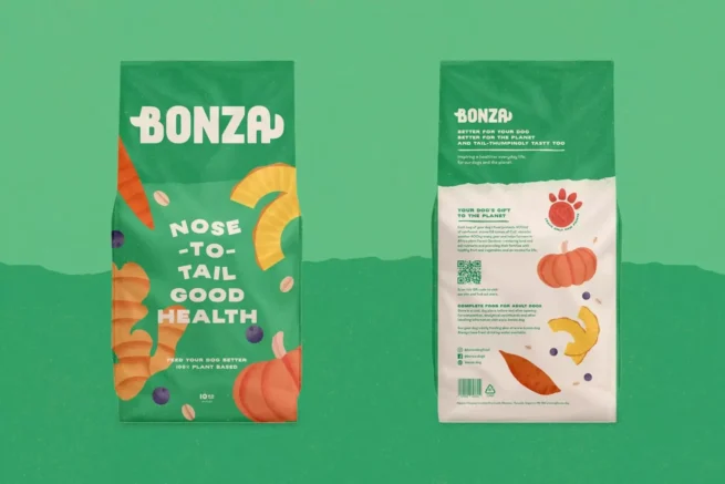 Bonza vegan vegetarian plant-based dog food uk packaging back front Bonza vegan vegetarian plant based dog food uk packaging back front