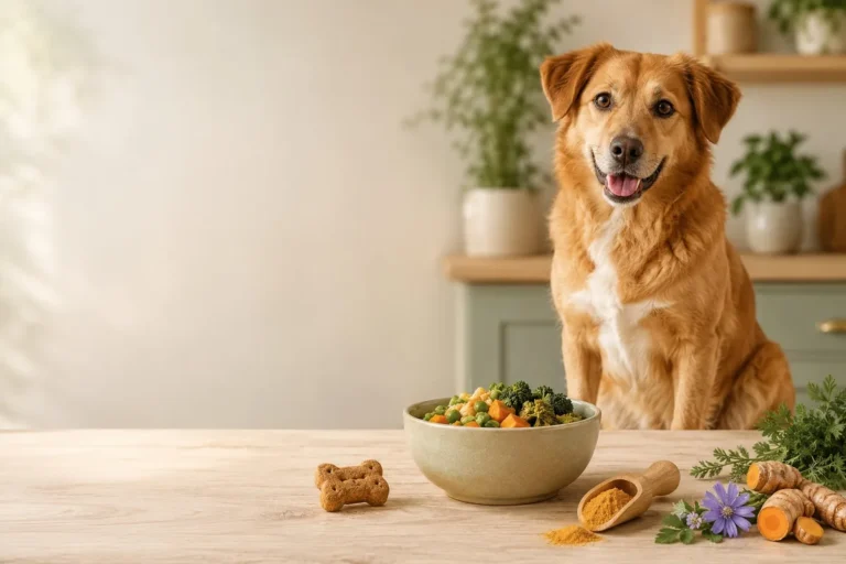Healthy dog beside a bowl of plant-based food, a treat and a scoop of supplement powder, with fresh botanical ingredients nearby