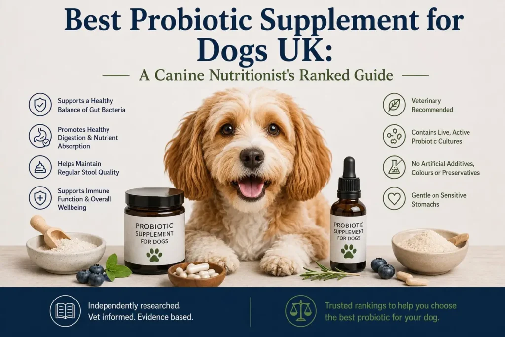 Best probiotic supplement for dogs UK compared on strains, CFU, EFSA approval and whole-dog support