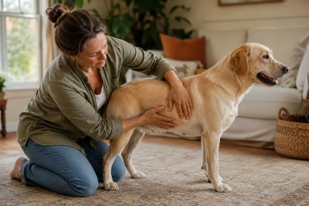 Woman feeling along her Labrador's ribs to check its body condition score at home