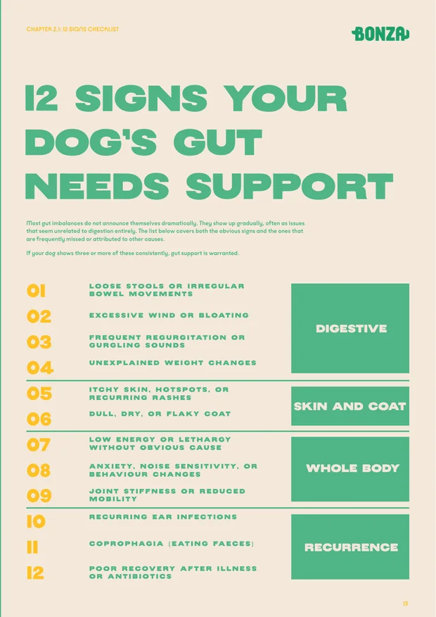 A page from the guide listing twelve signs a dog's gut needs support