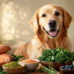 Un golden retriever en pleine forme à côté d'ingrédients végétaux entiers, notamment de la patate douce, des petits pois, des lentilles et du chou frisé, destinés à une alimentation canine à base de végétaux