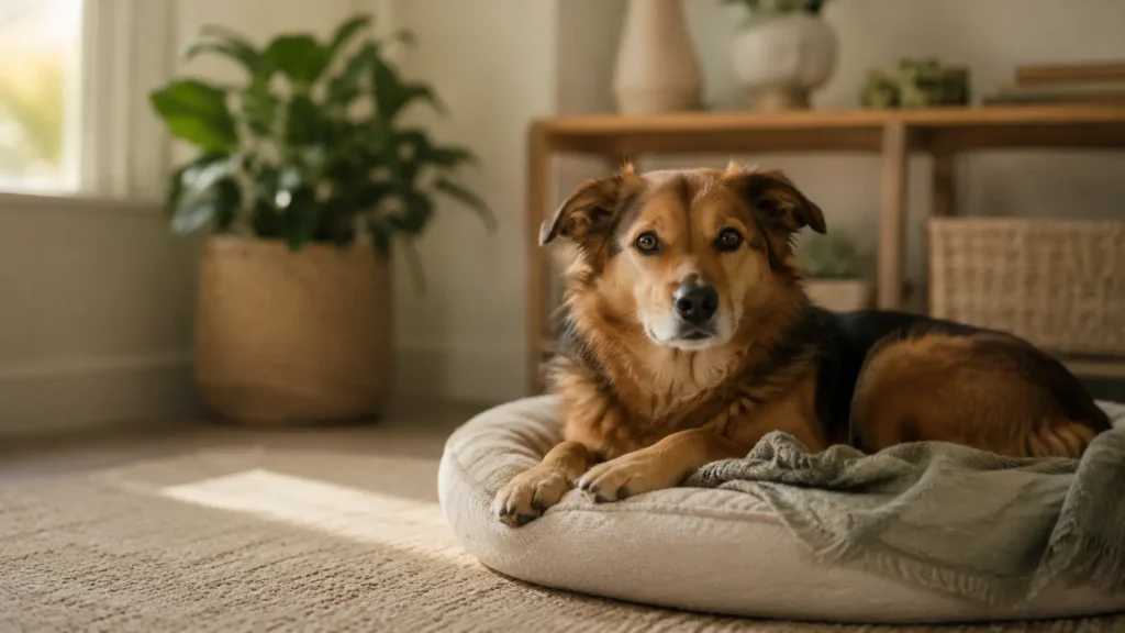 Een rustige, oudere hond die op een bed ligt in een rustig, zonovergoten huis, wat wijst op een stabiele stressreactie bij de hond en een gezonde regulering van de HPA-as