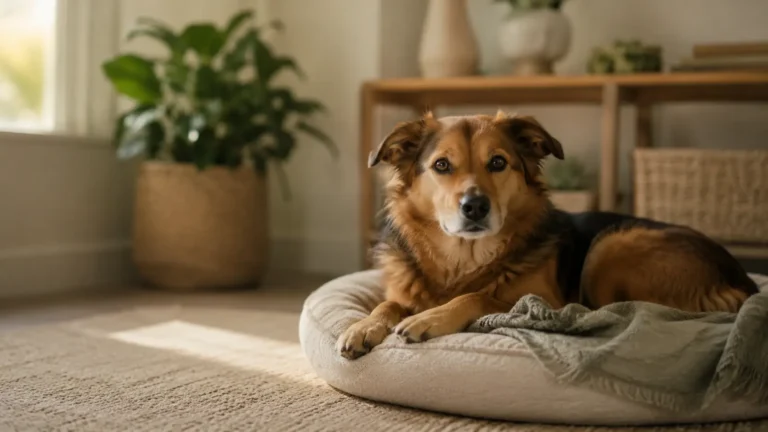 Calm senior dog resting on a bed in a quiet, sunlit home, illustrating a settled canine stress response and healthy HPA axis regulation