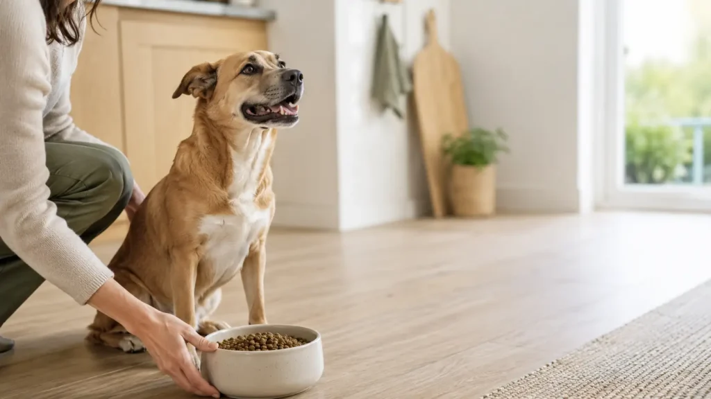Een gezonde hond die vol verwachting naast een voerbak zit terwijl zijn baasje een afgemeten portie opschept, ter illustratie van een voercalculator voor honden.