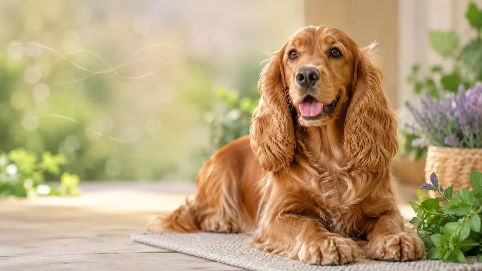 Ein gesunder Cocker Spaniel mit glänzendem Fell, der neben frischen Kräutern und Lavendel ruht