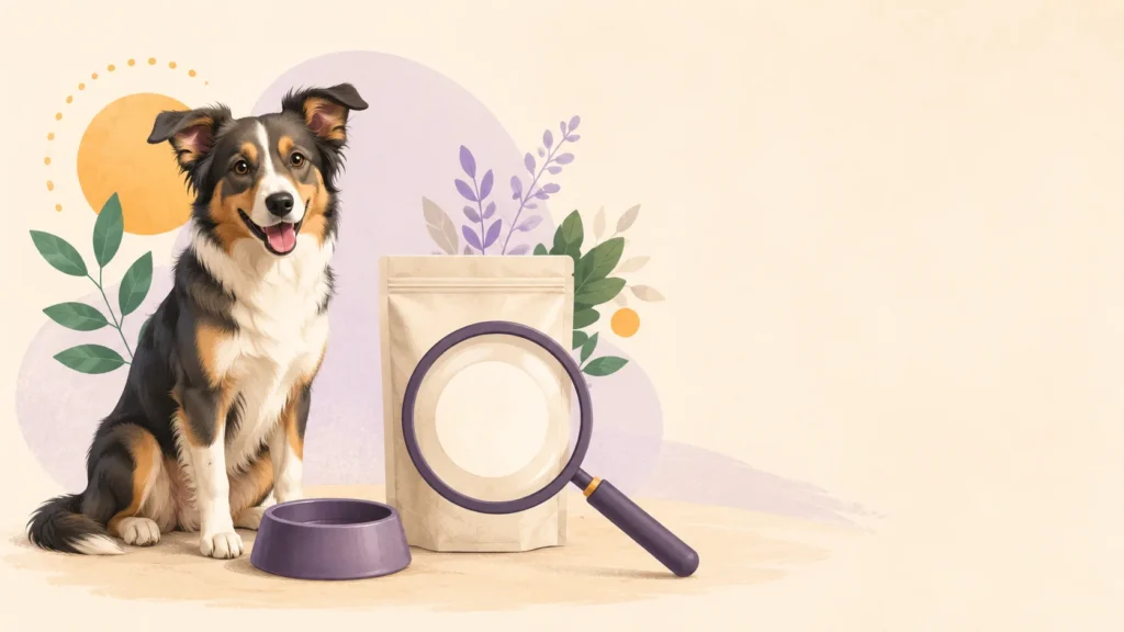 Ein fröhlicher dreifarbiger Hund neben einem schlichten Hundefutterbeutel und einem Napf, der mit einer Lupe über einem leeren Aufkleber auf der Verpackung steht und die Angaben zum tierärztlich empfohlenen Hundefutter prüft.